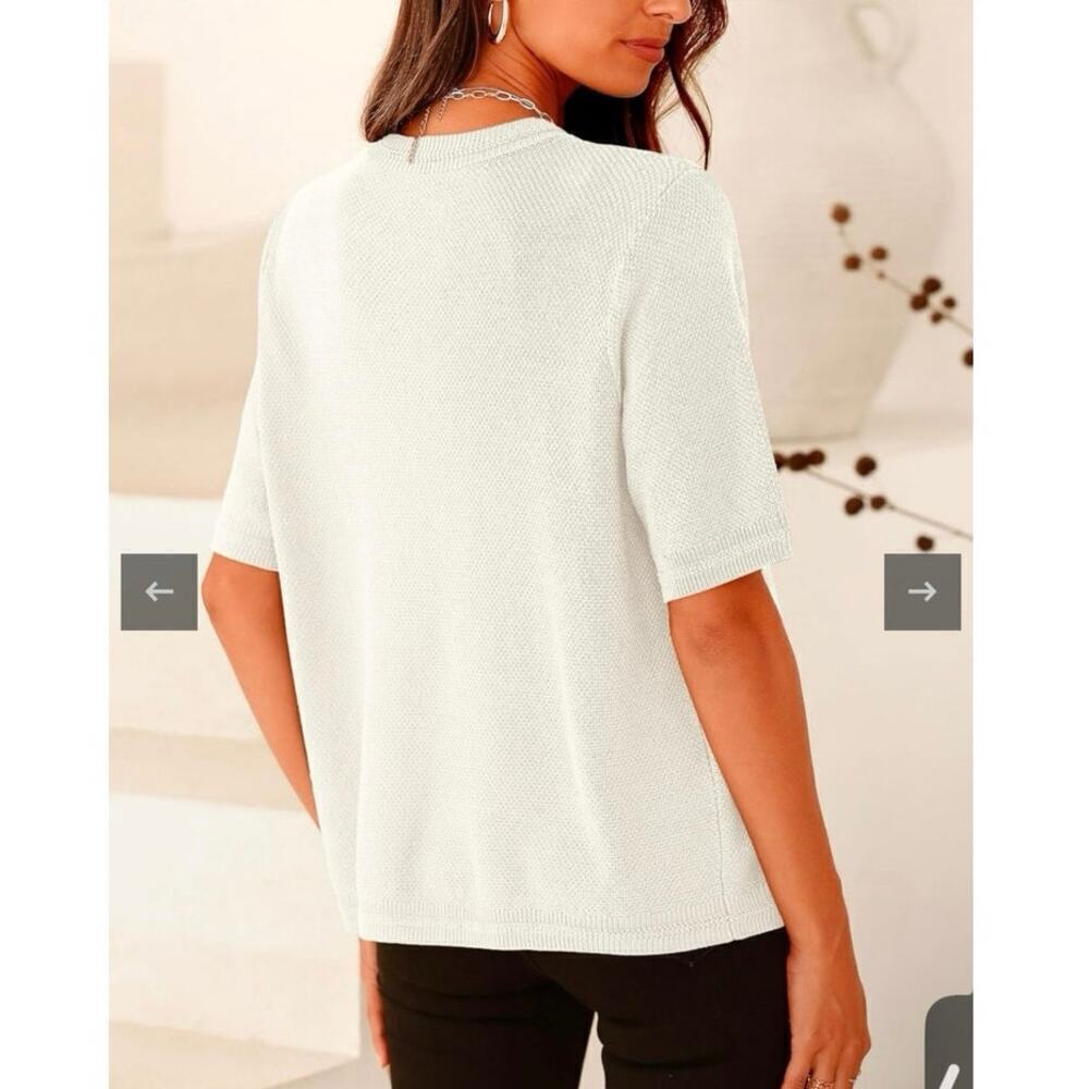 PRETTY GARDEN Ivory Minimalist Short Sleeve Cardigan Sweater L Quiet Luxury - Picture 3 of 11